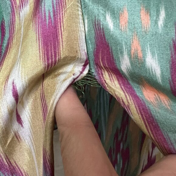 Figue Dress L Womens Multicolor Ikat Silk V Neck Short Sleeve Kaftan Tie Beach - Picture 11 of 12